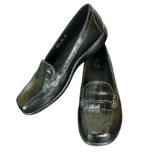 Clarks Bendables Bayou Croco Embossed Slip On Black Leather Loafers 9.5W